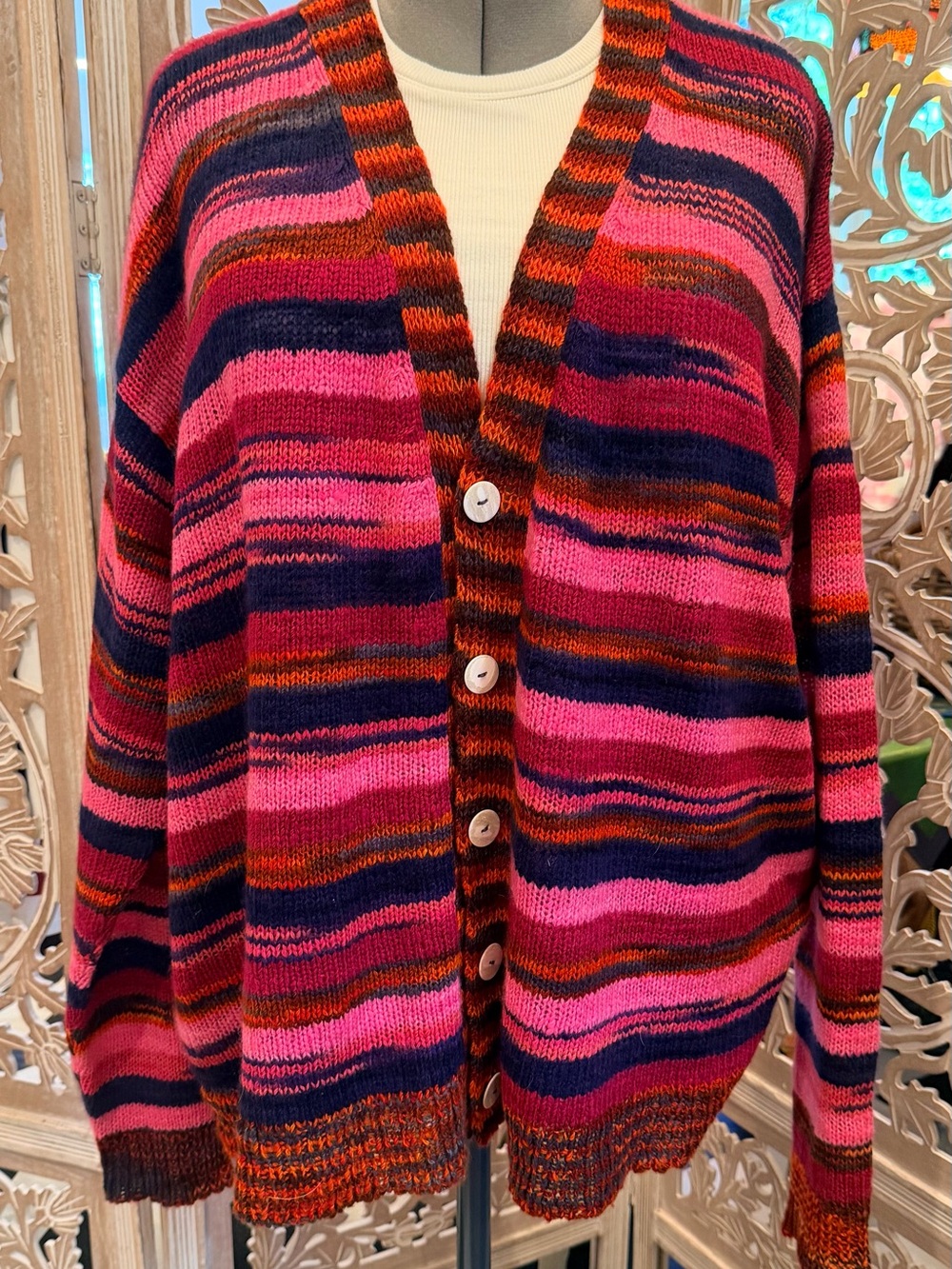 THE ELDER STATESMAN HAND SPUN HAZY STRIPE CARDIGAN
